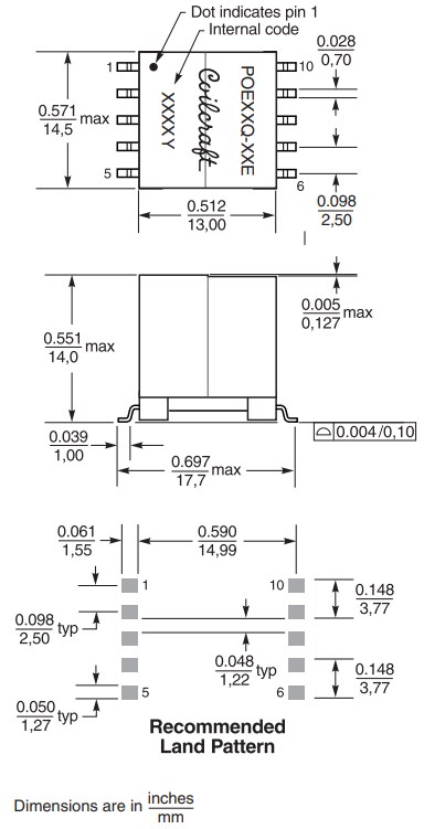 Technische Zeichnung - Coilcraft Hochleistungs-Sperrwandler für PoE
